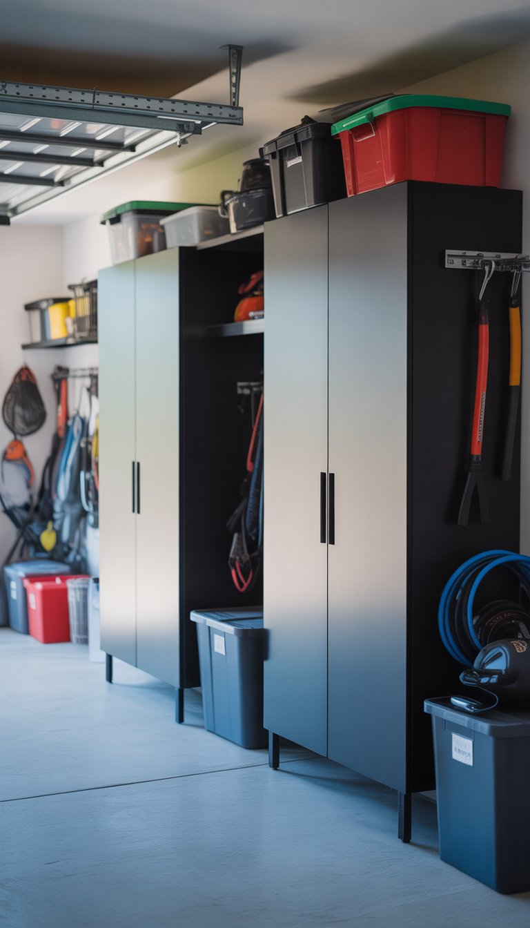 A clean and organized garage with minimalist storage cabinets and neatly stored items.