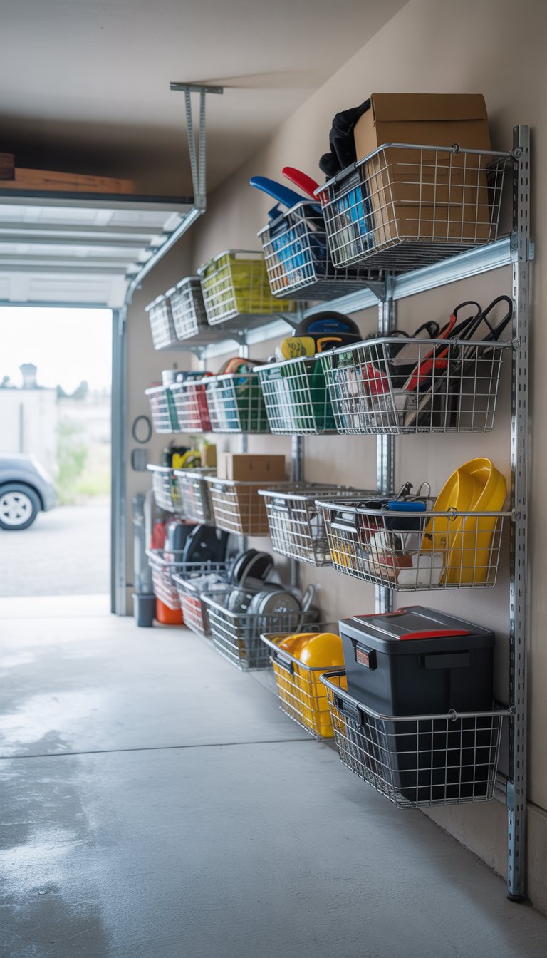 A tidy garage with wire baskets on shelves holding organized tools and equipment in a clutter-free space.