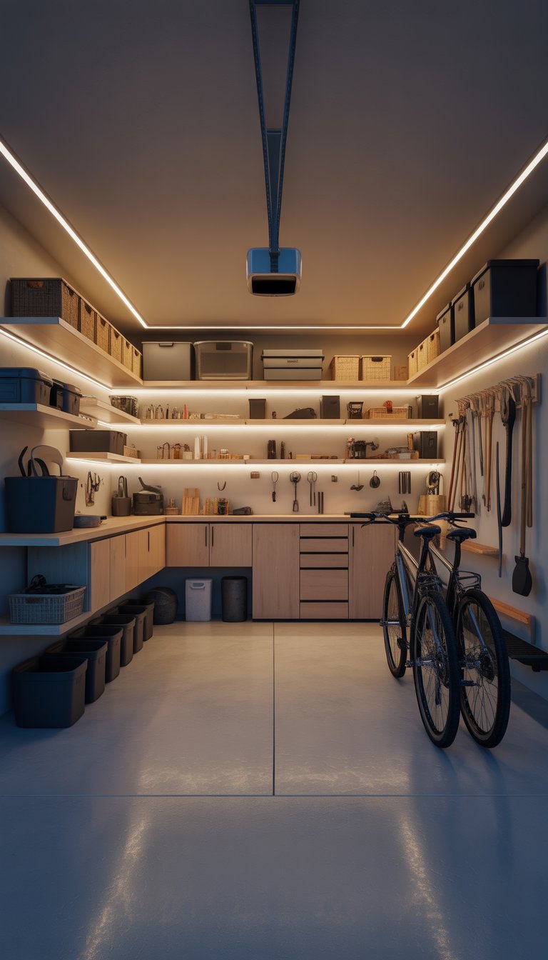 A clean and organized garage with shelves, tools, and LED strip lighting illuminating the space.