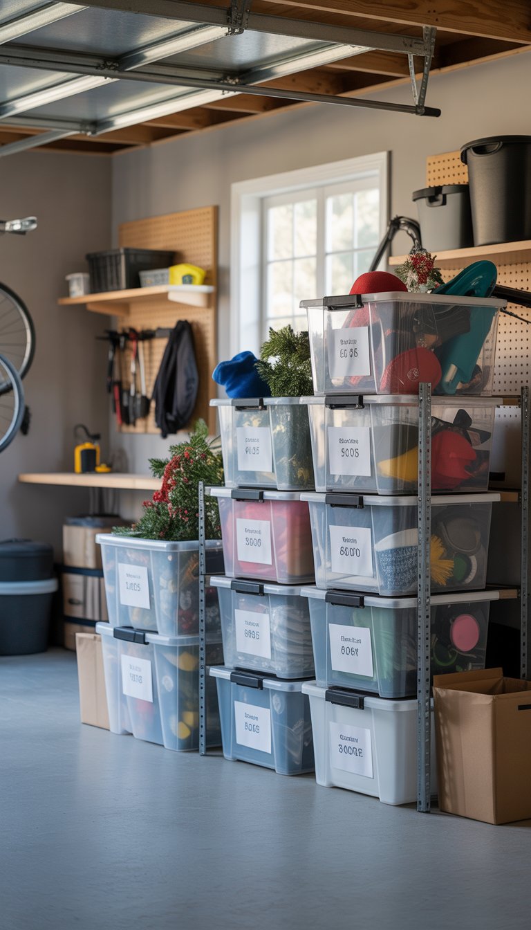 A clean and organized garage with labeled storage totes neatly stacked on shelves, containing seasonal items and tools hung on pegboards.