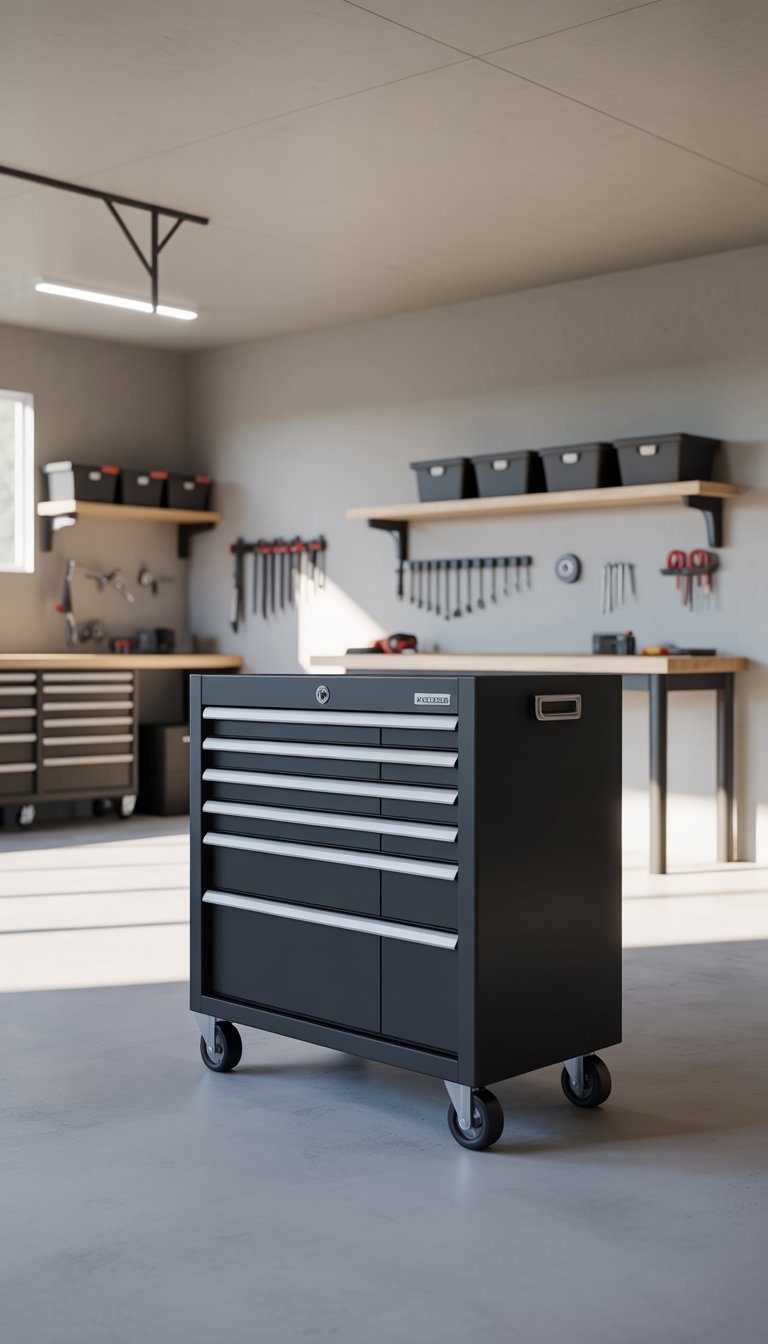 A clean and organized garage with a black rolling tool chest and neatly arranged shelves and workbench.