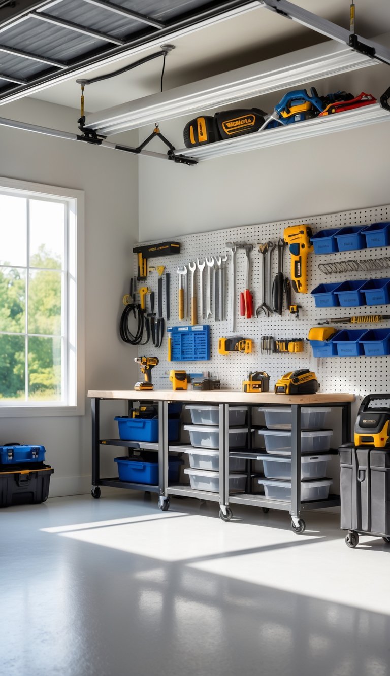 A clean and organized garage with tools on pegboards, shelves with bins, a workbench, and bicycles stored overhead.