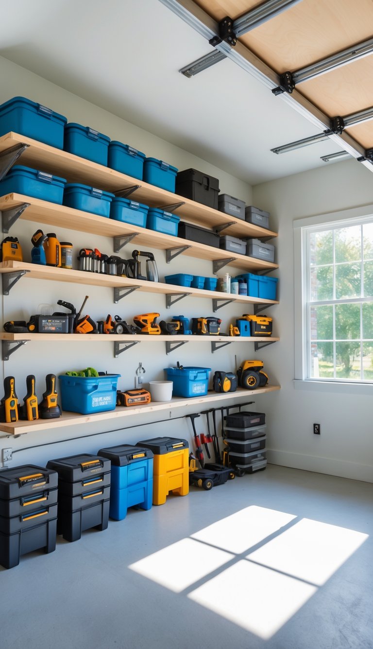 A clean garage with wall-mounted shelves holding organized tools and storage bins, keeping the floor space clear.