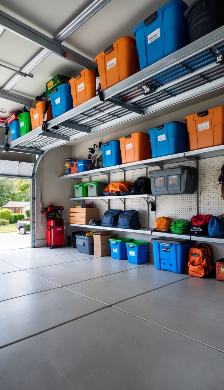 A clean garage with ceiling-mounted racks holding organized storage bins and seasonal items.