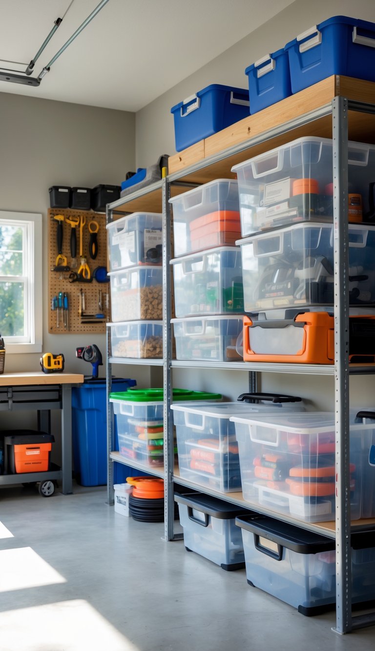 A tidy garage with clear plastic storage bins organized on shelves, filled with various household and garage items.