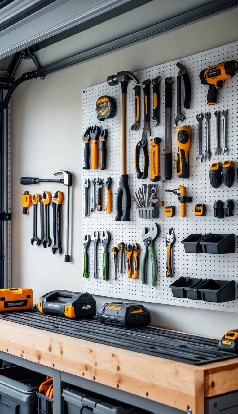 A garage pegboard wall with various hand tools neatly organized and hanging above a workbench.