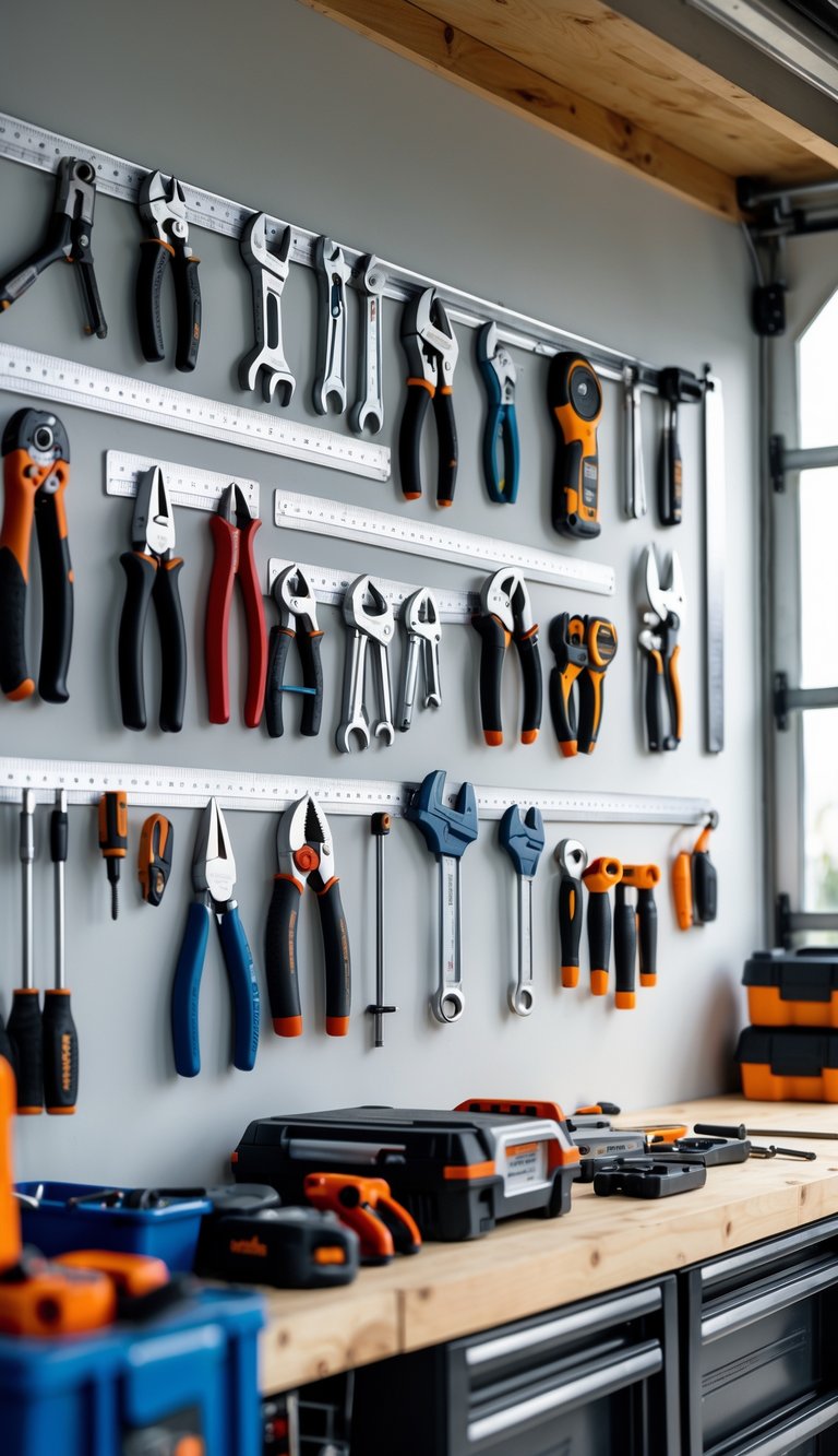 A garage wall with magnetic strips holding metal tools above a tidy workbench with organized storage bins.