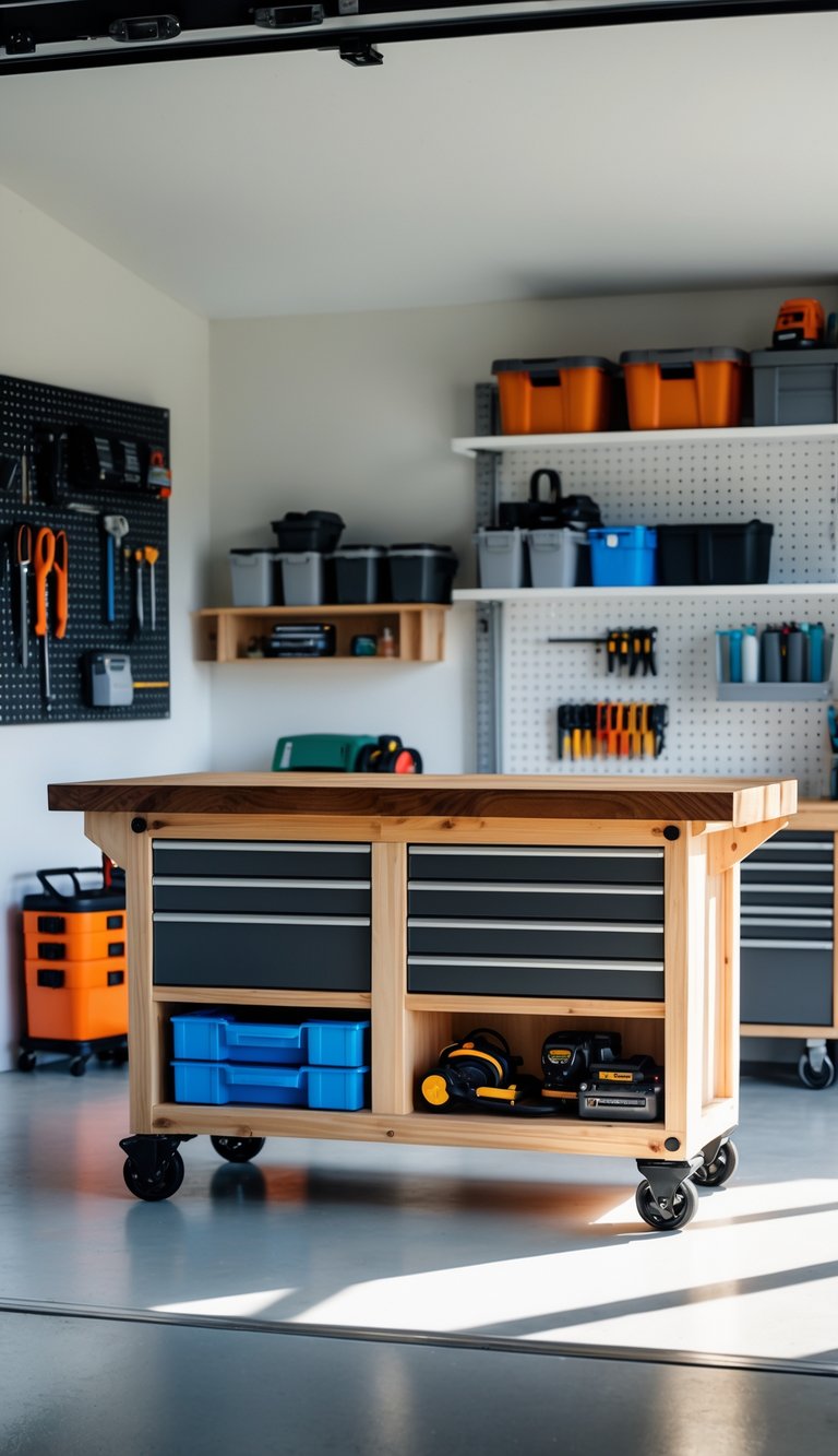 A rolling workbench with storage shelves and drawers underneath in a tidy garage workspace filled with tools and organized supplies.