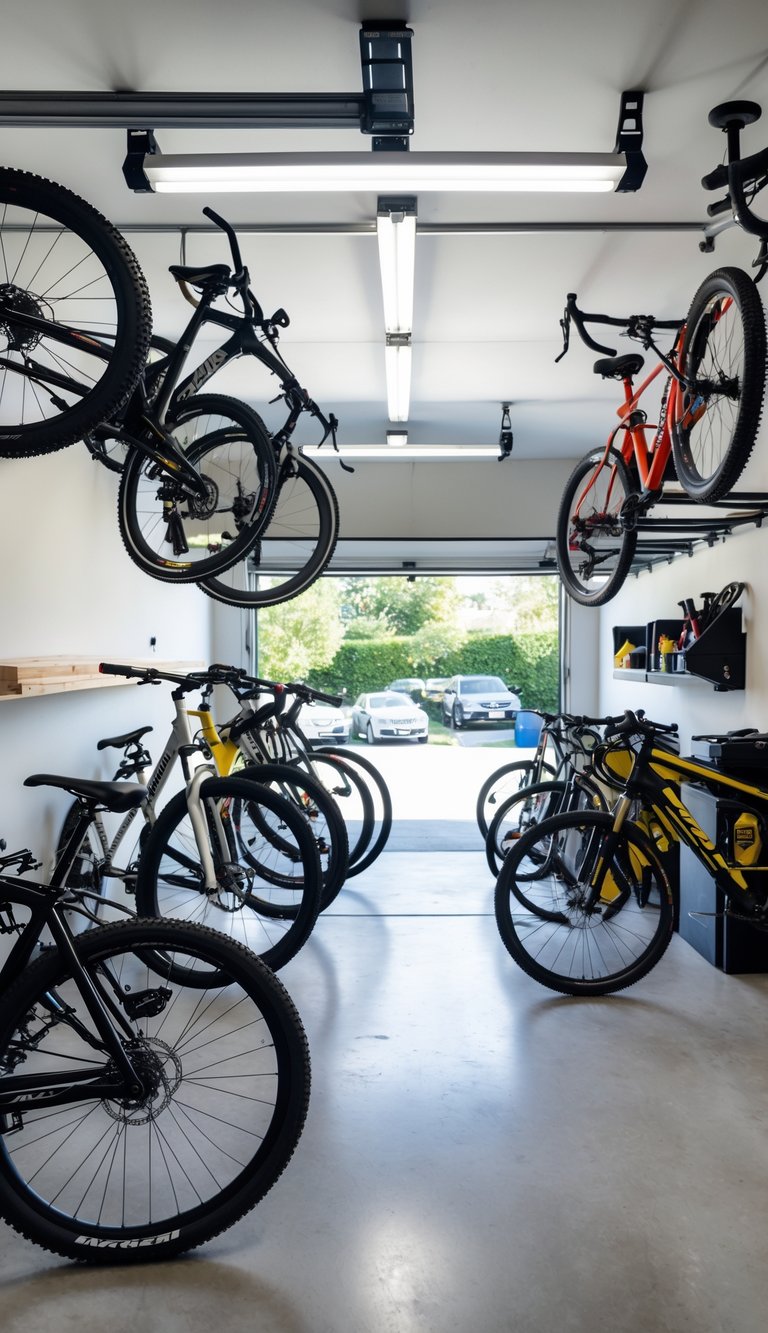 A clean garage with bicycles hanging from wall hooks and ceiling hoists, along with shelves and a workbench.