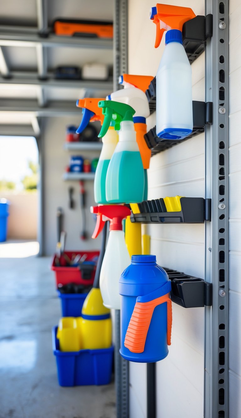 A garage storage area with spray bottles organized on tension rods between two walls.
