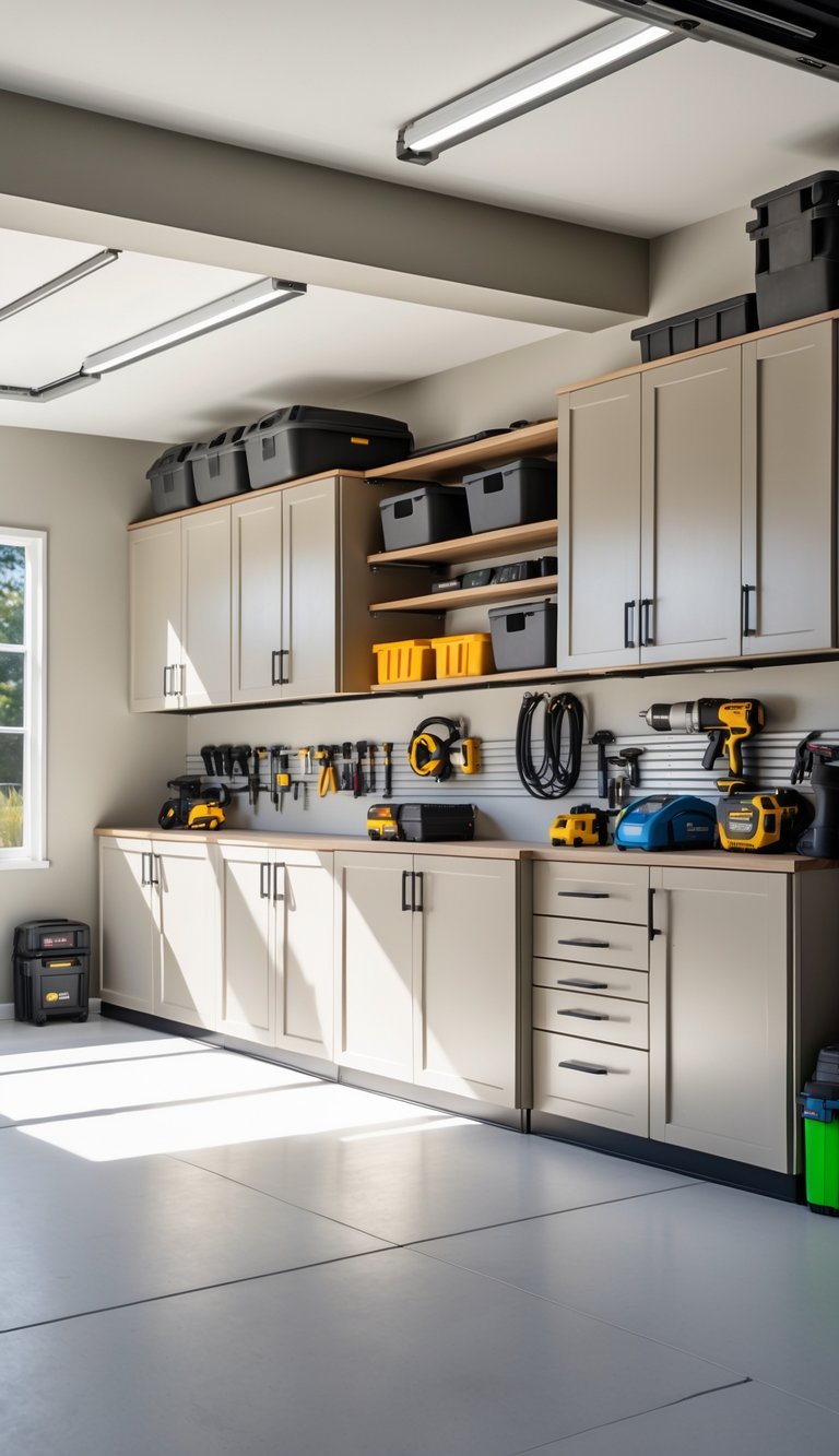 A clean and organized garage with installed cabinets, shelves, and neatly stored tools and equipment.