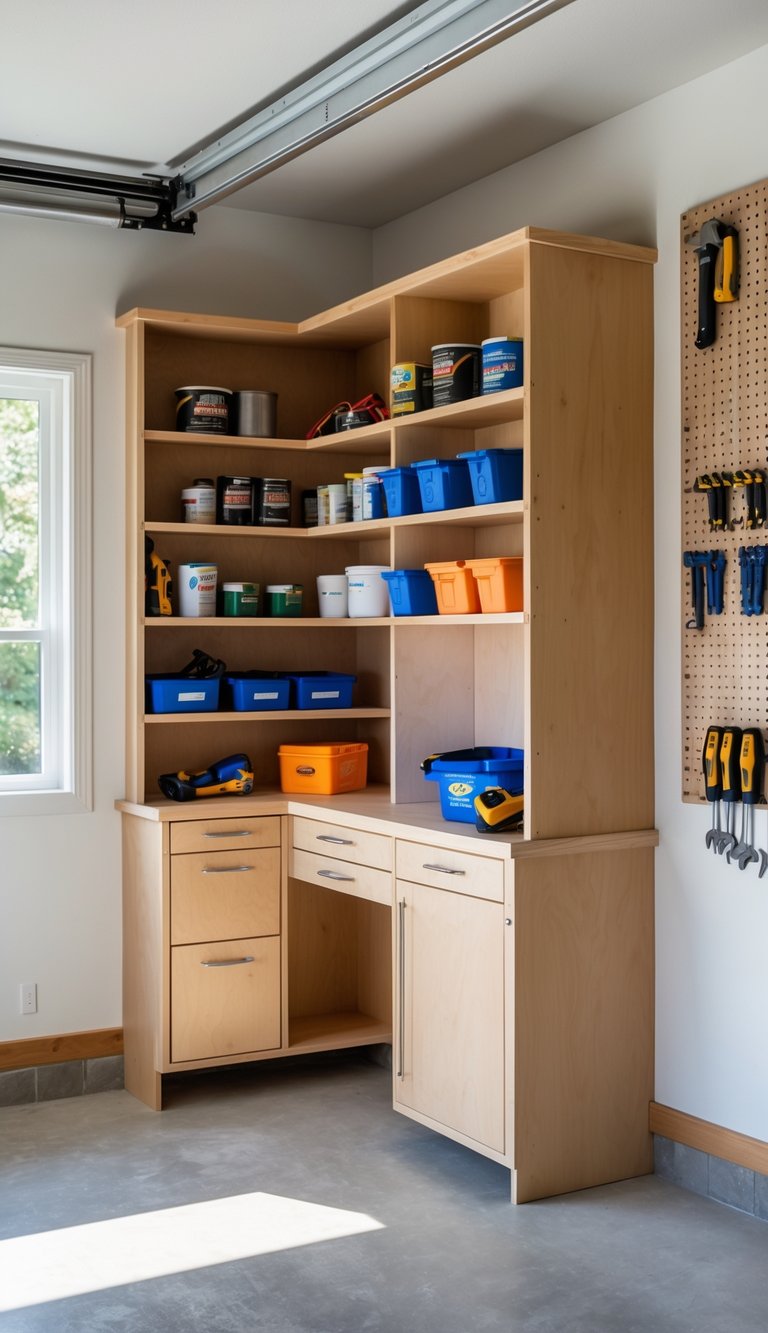 A garage corner cubby with shelves holding tools, paint cans, and storage bins, next to a pegboard with hanging hand tools.