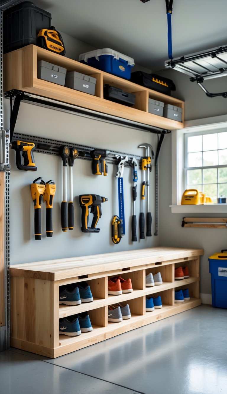 A garage interior with a wooden bench that has built-in shoe storage underneath, surrounded by organized tools and shelves.