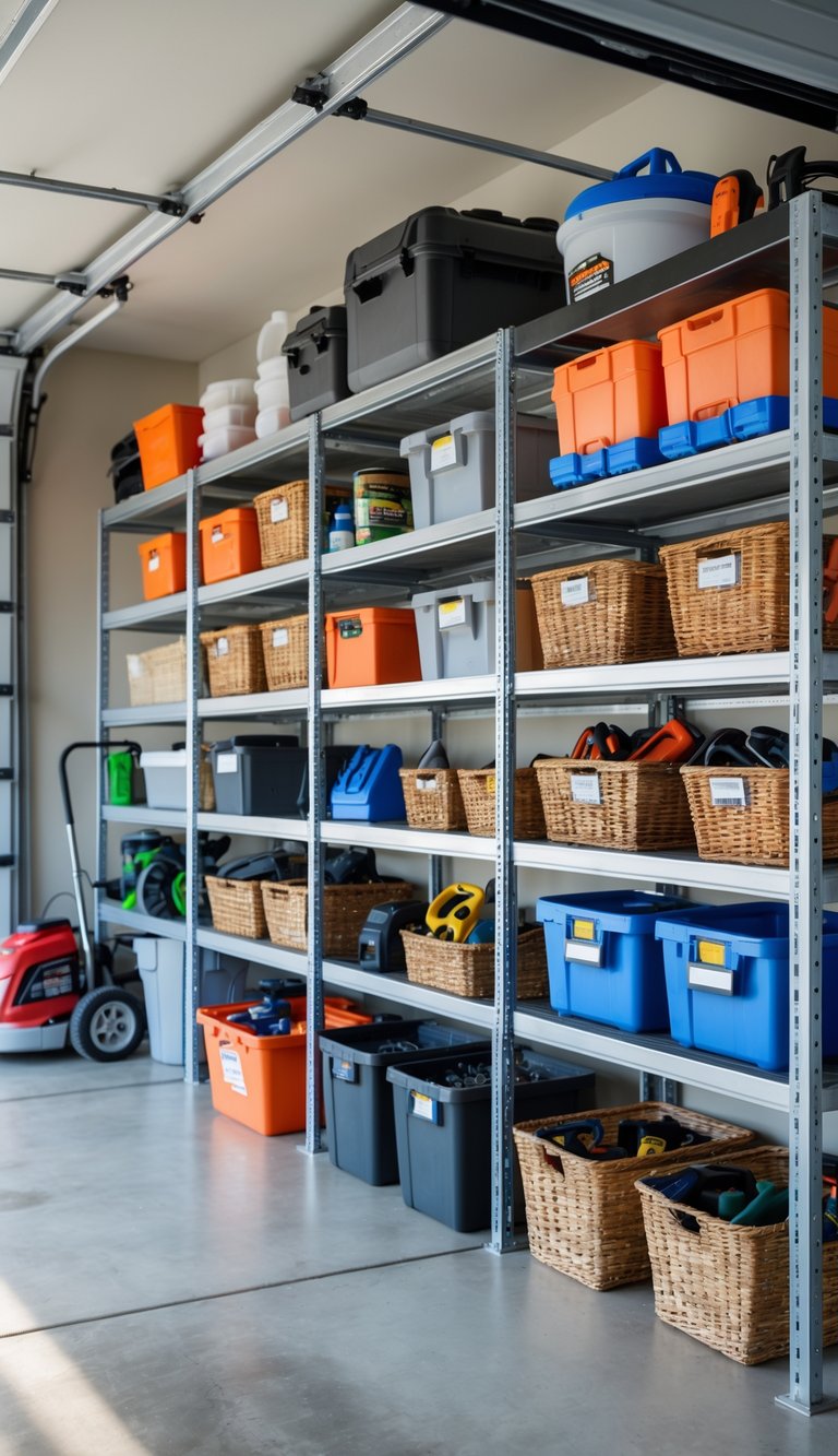 A garage with shelves holding baskets filled with small tools and supplies, showing a neat and organized storage system.
