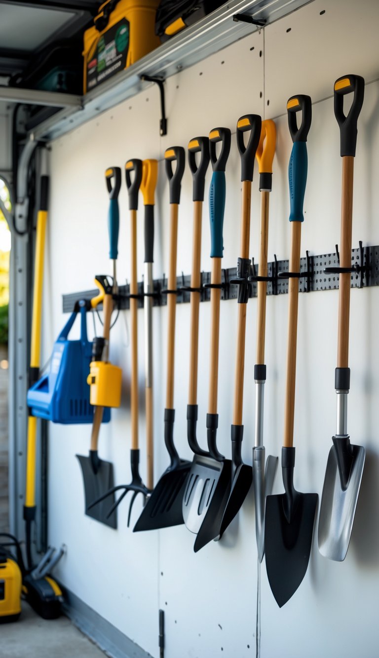 A garage wall with garden tools like rakes and shovels hanging neatly on heavy-duty hooks.
