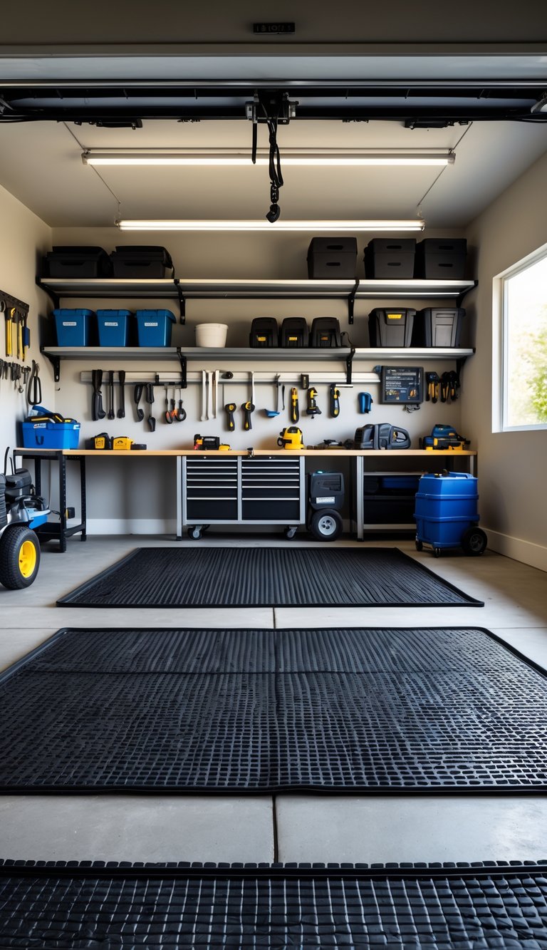 A clean, organized garage with black rubber floor mats, tools on racks, shelves with storage bins, and a workbench.