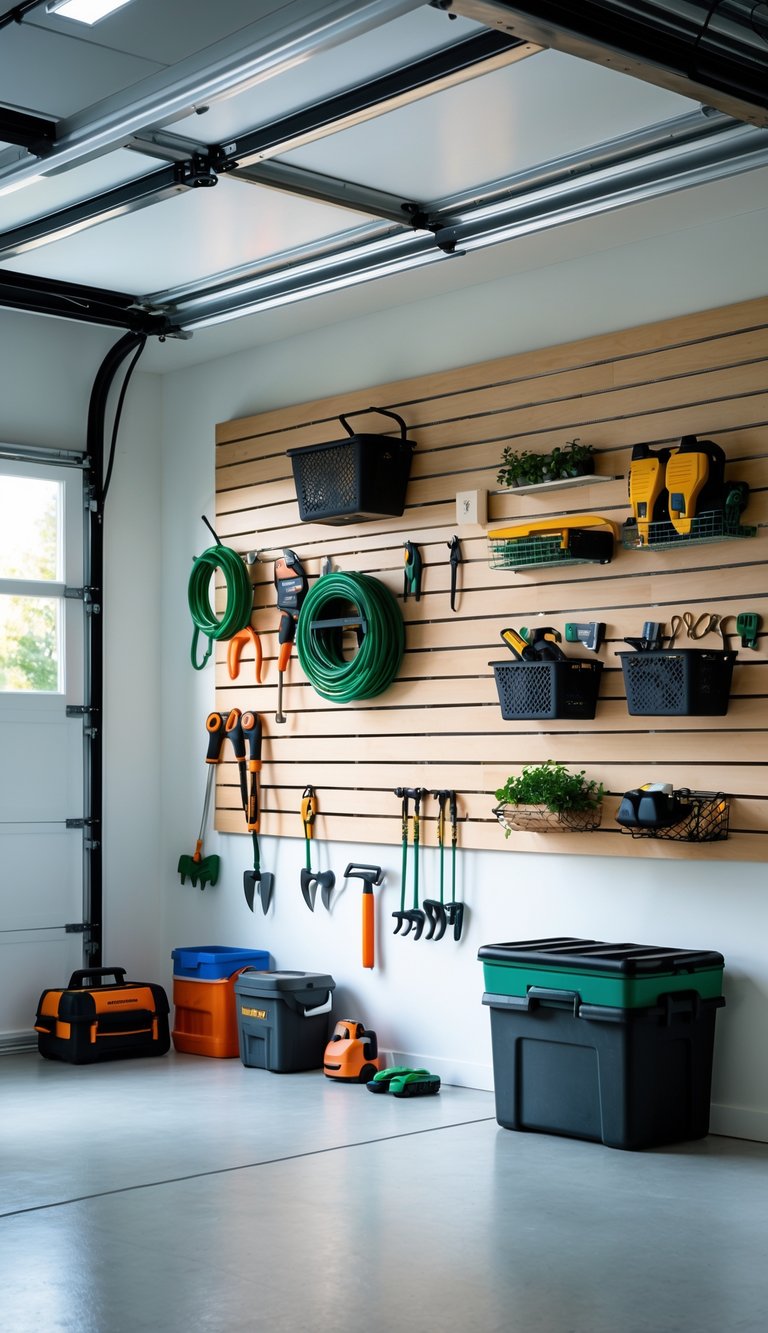 A clean and organized garage with a wooden slatwall storage system holding tools and equipment.