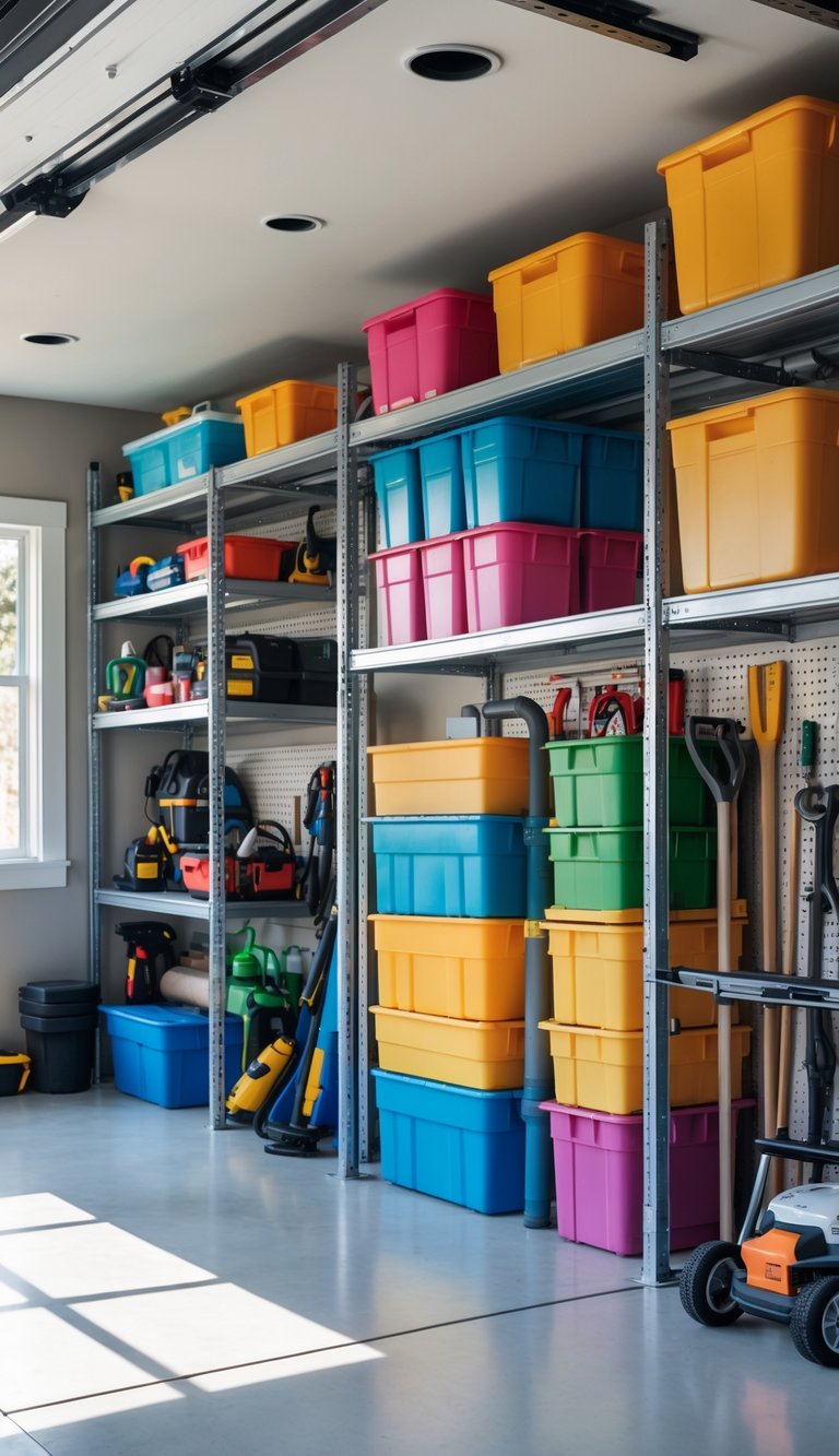 A clean and organized garage with metal shelves holding colorful stackable plastic storage bins and various tools neatly arranged.