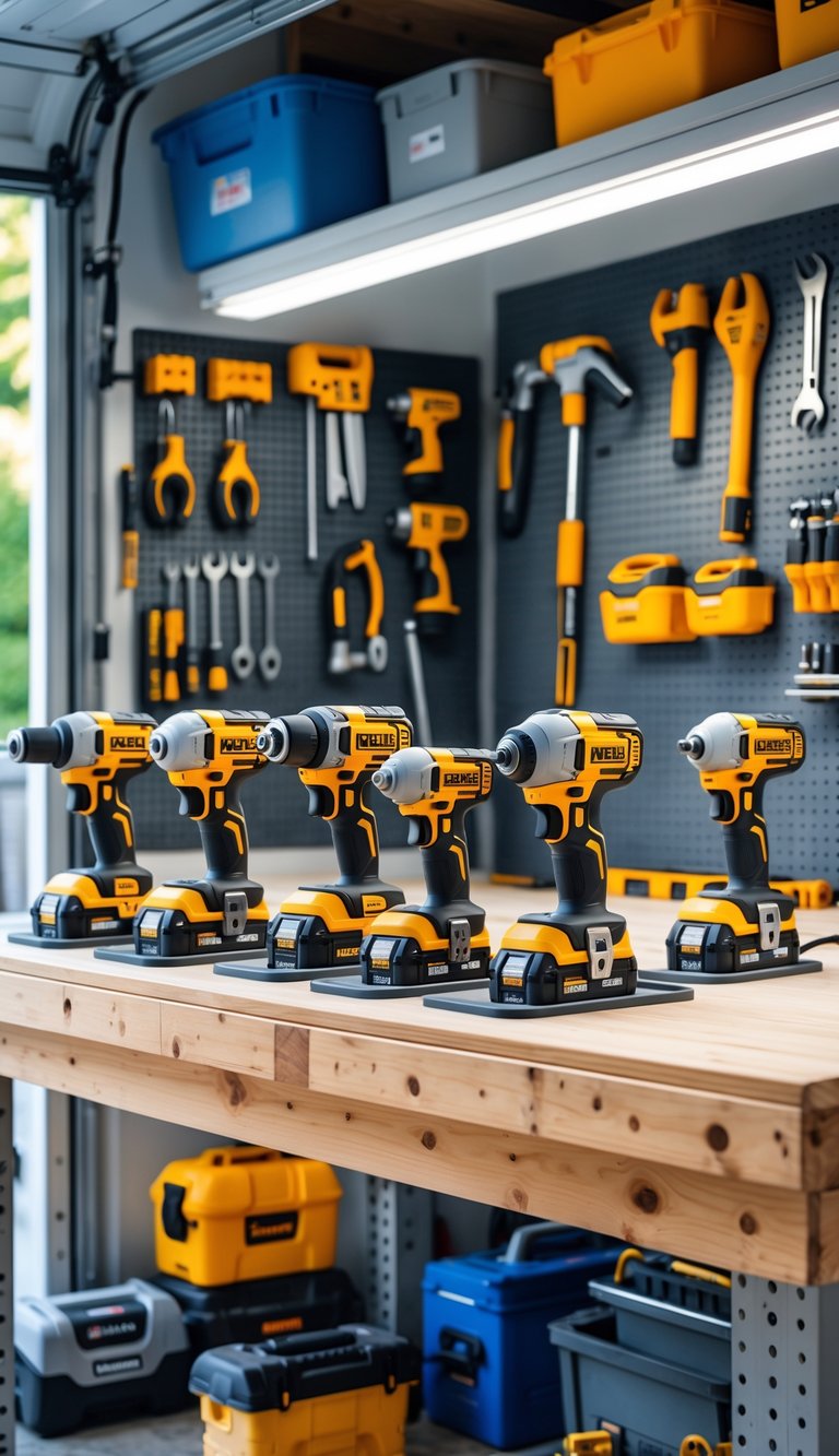 A neatly organized garage workspace with cordless power tools placed on charging stations on a workbench, surrounded by hanging hand tools and storage shelves.