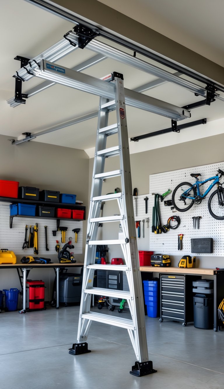 An organized garage with a ladder rack mounted on the ceiling holding a ladder, surrounded by tools, bicycles, and storage shelves.