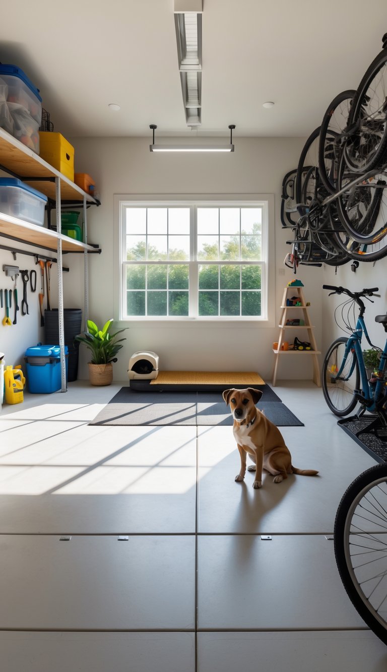 A clean and organized garage with pet supplies on shelves, a dog bed, a cat tree, and a dog and cat inside.
