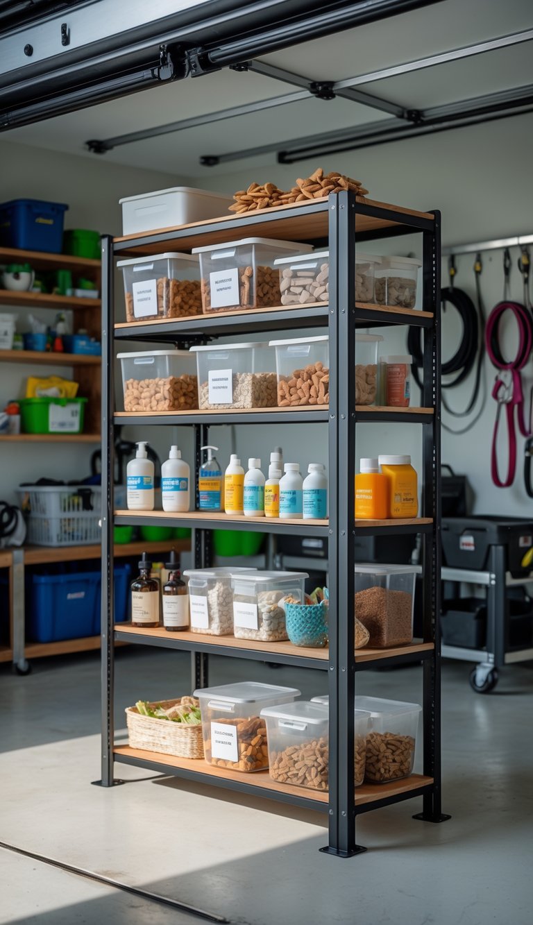 A multi-level shelving unit in a garage neatly organized with pet treats, medicine bottles, and pet care supplies.