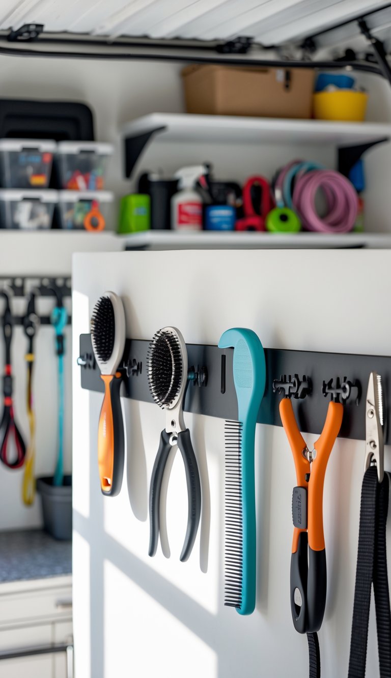 A garage wall with metal pet grooming tools held securely by magnetic strips, surrounded by organized pet supplies on shelves.
