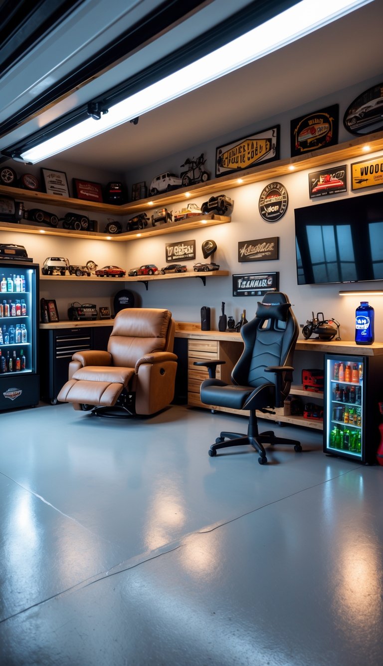 A garage converted into a cozy man cave with seating, a large TV, shelves with collectibles, a workbench with tools, and ambient lighting.