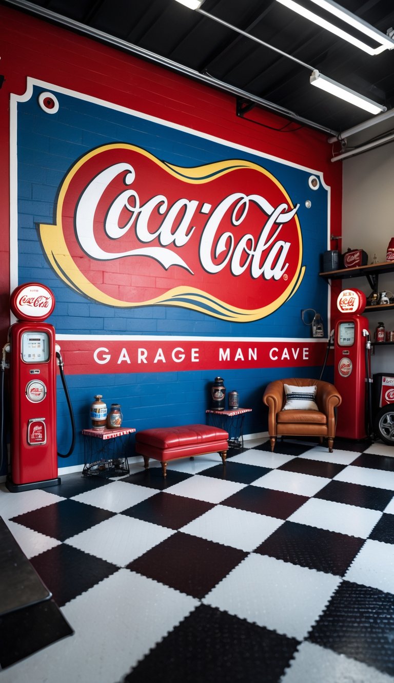 A garage man cave with a large retro Coca-Cola mural on the wall and a black and white checkered floor, featuring vintage automotive decor and comfortable seating.