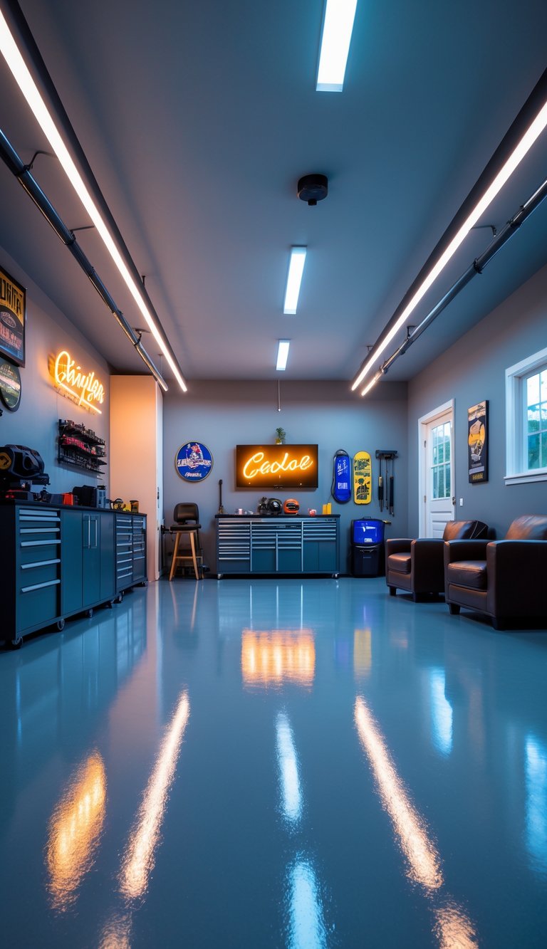 A spacious garage man cave with a shiny epoxy floor, seating, storage cabinets, and decorative wall elements.