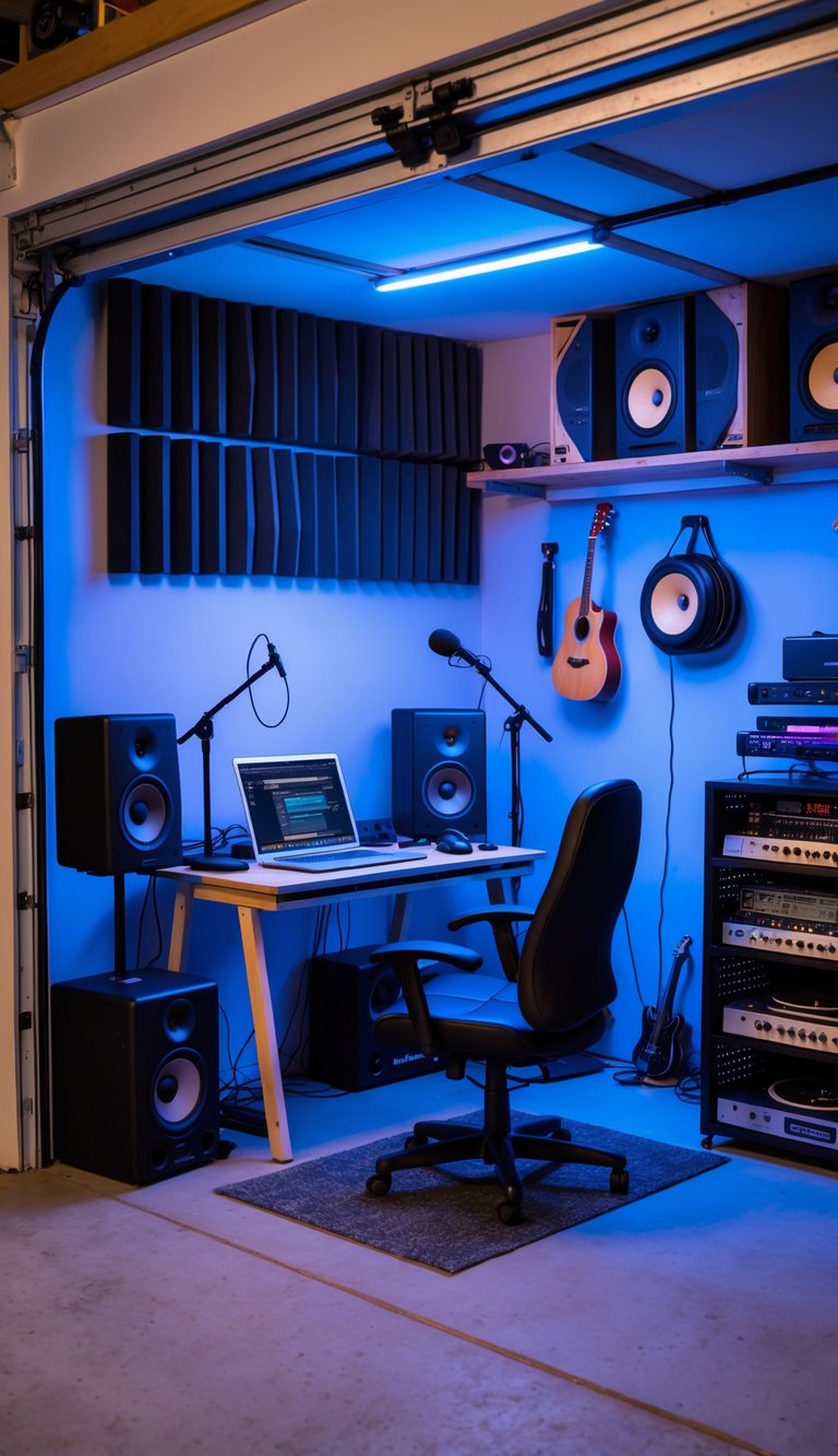 A small music studio in a garage with soundproofing panels, musical instruments, and audio equipment arranged neatly.