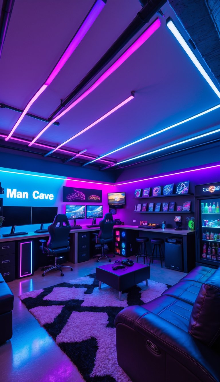 A garage man cave game room with neon lights, gaming setup, bar area, and comfortable seating.