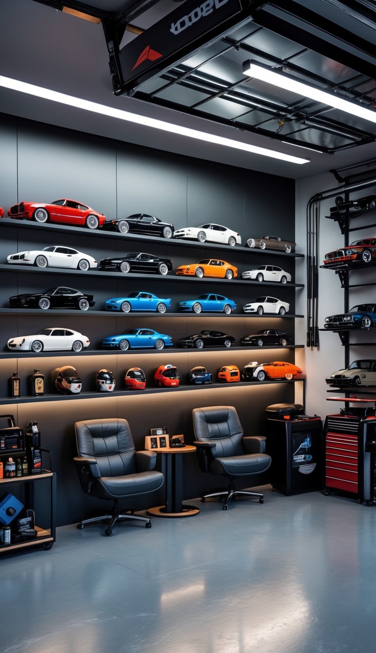 A garage interior with multiple sleek shelves displaying car models, helmets, and automotive items, featuring a seating area and ambient lighting.