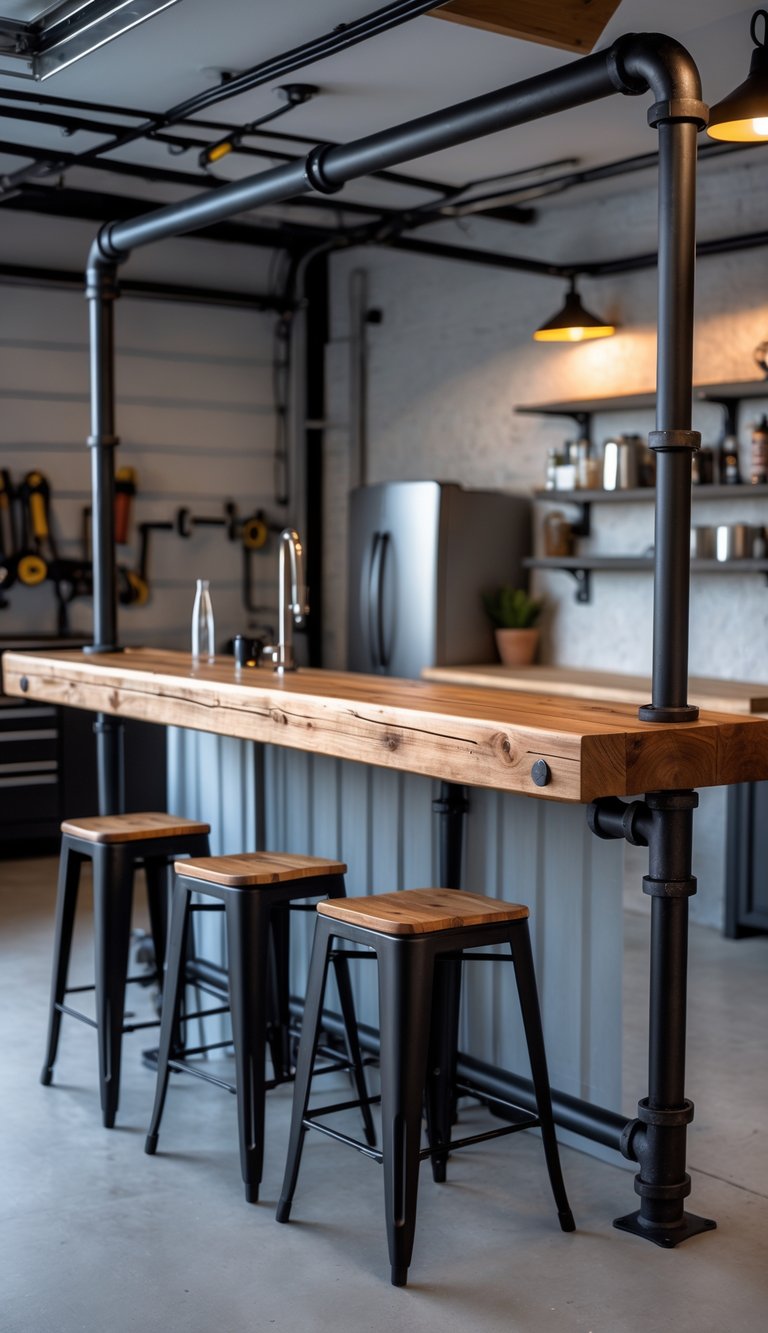 A garage man cave with an industrial pipe bar and three stools in front, surrounded by tools and exposed brick walls.