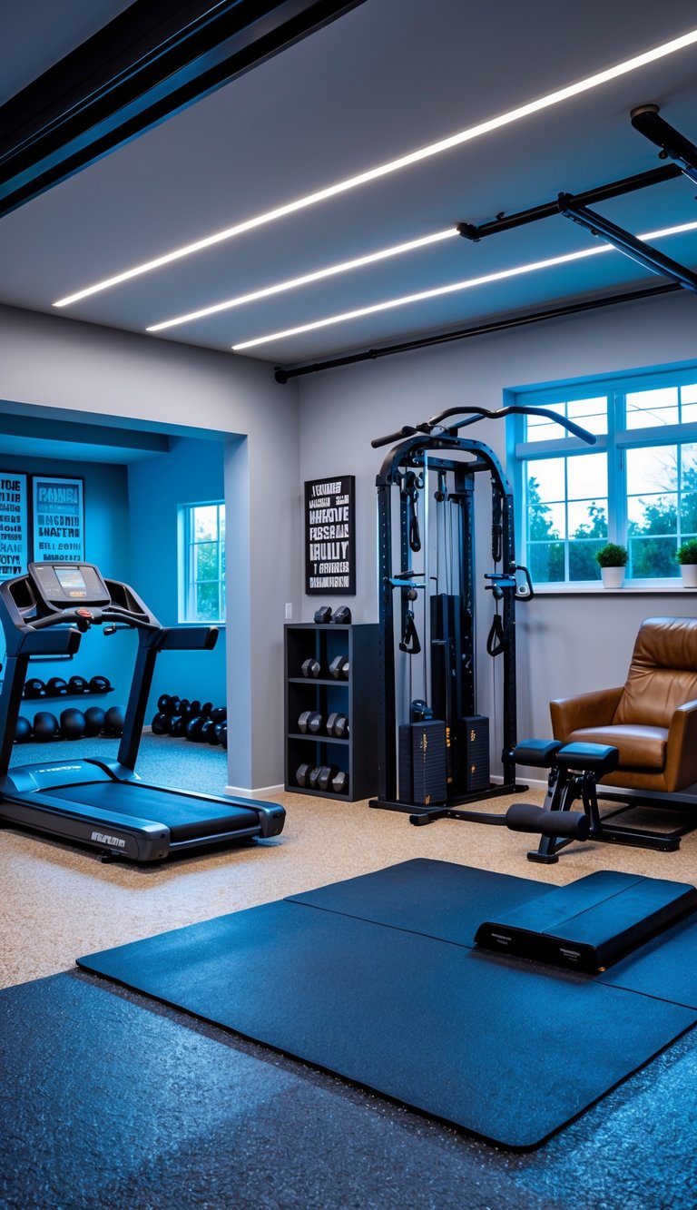 A compact home gym setup inside a garage with fitness equipment, storage units, and seating.