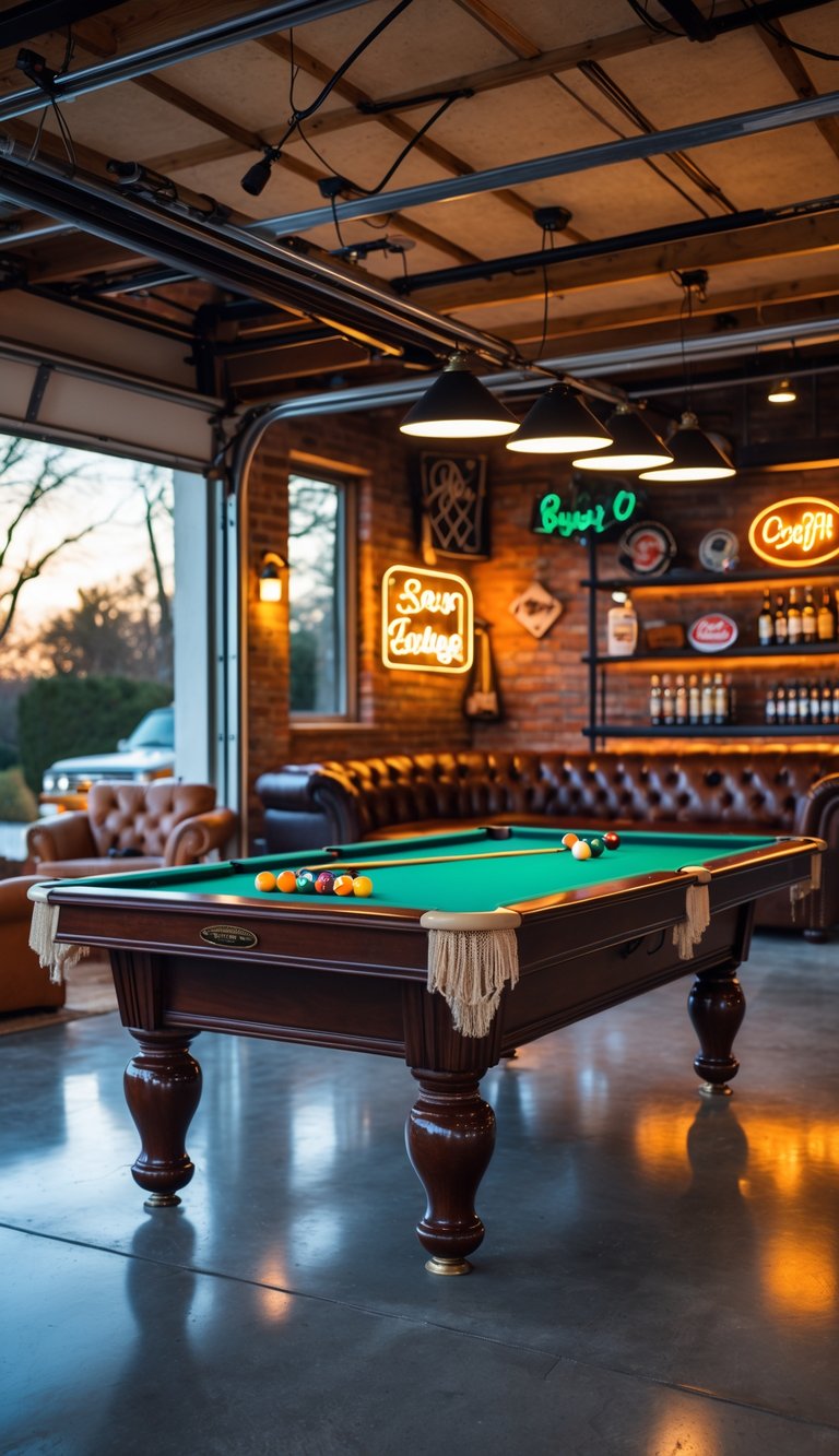 A classic billiard table set up in a garage man cave with leather seating, neon signs, and sports memorabilia.