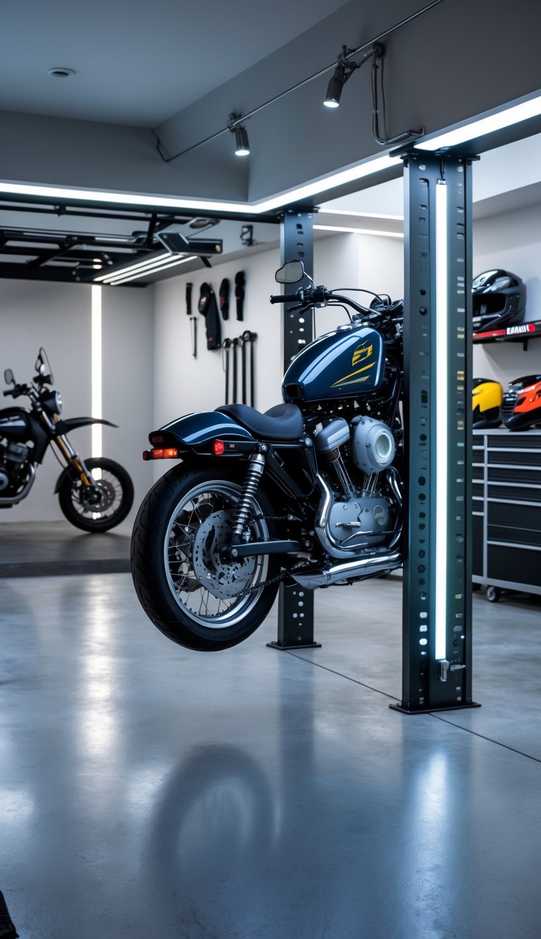 A garage man cave with a motorcycle mounted on the wall, surrounded by shelves with helmets and tools.