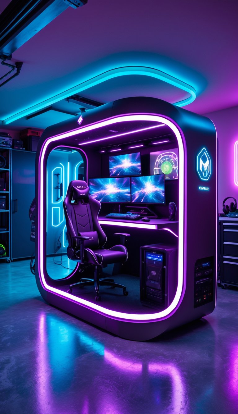 A futuristic gaming pod with colorful LED lights inside a modern garage man cave featuring gaming equipment and stylish decor.