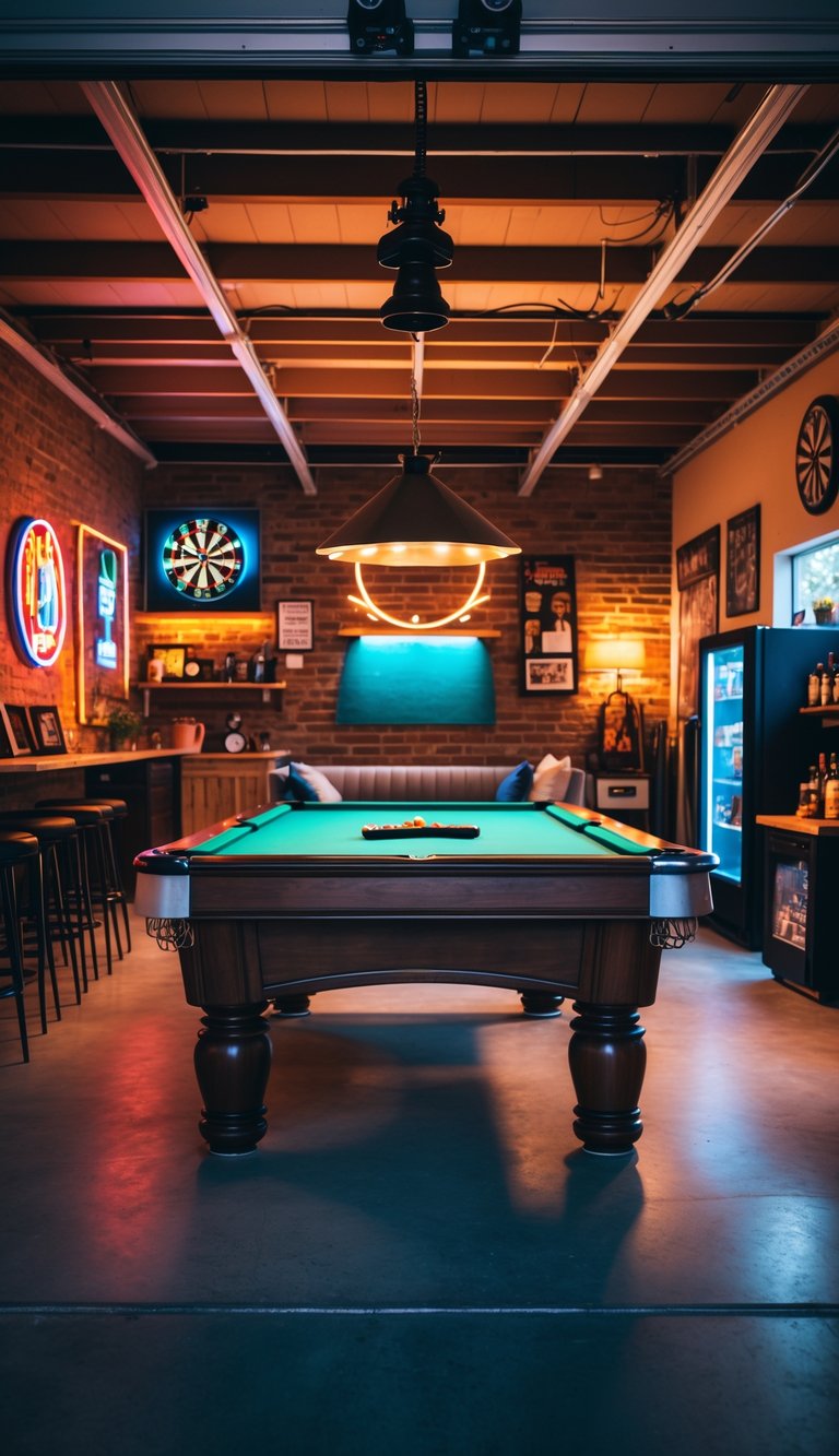 A garage man cave with a pool table, bar stools, dartboard, and shelves with collectibles.