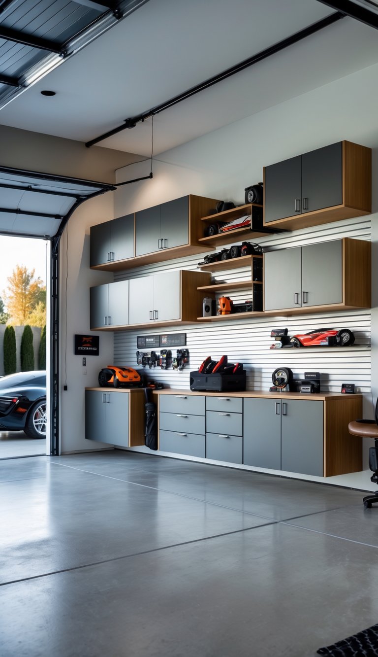 A clean and organized garage man cave with floating storage cabinets, a workbench, and a seating area.