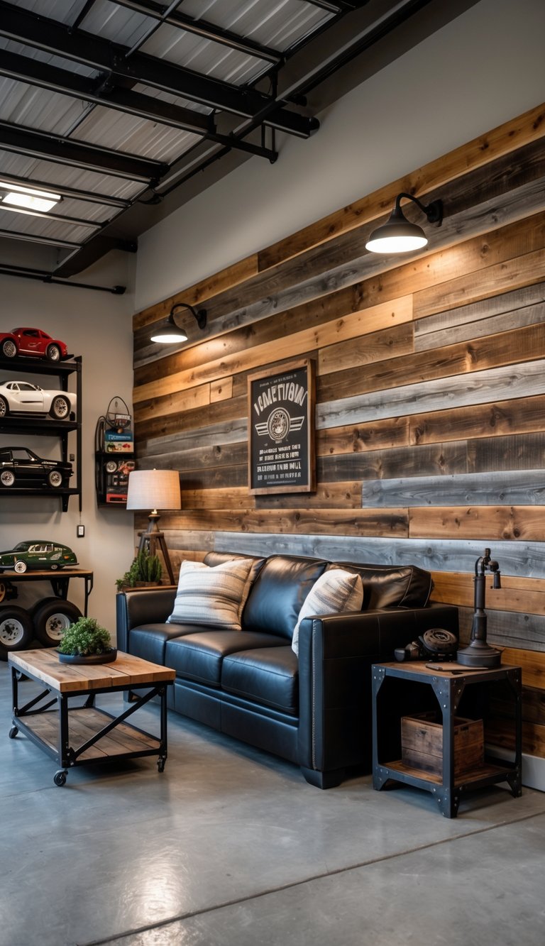 A garage interior with a rustic wood accent wall, a black leather sofa, wooden coffee table, and shelves displaying automotive items.
