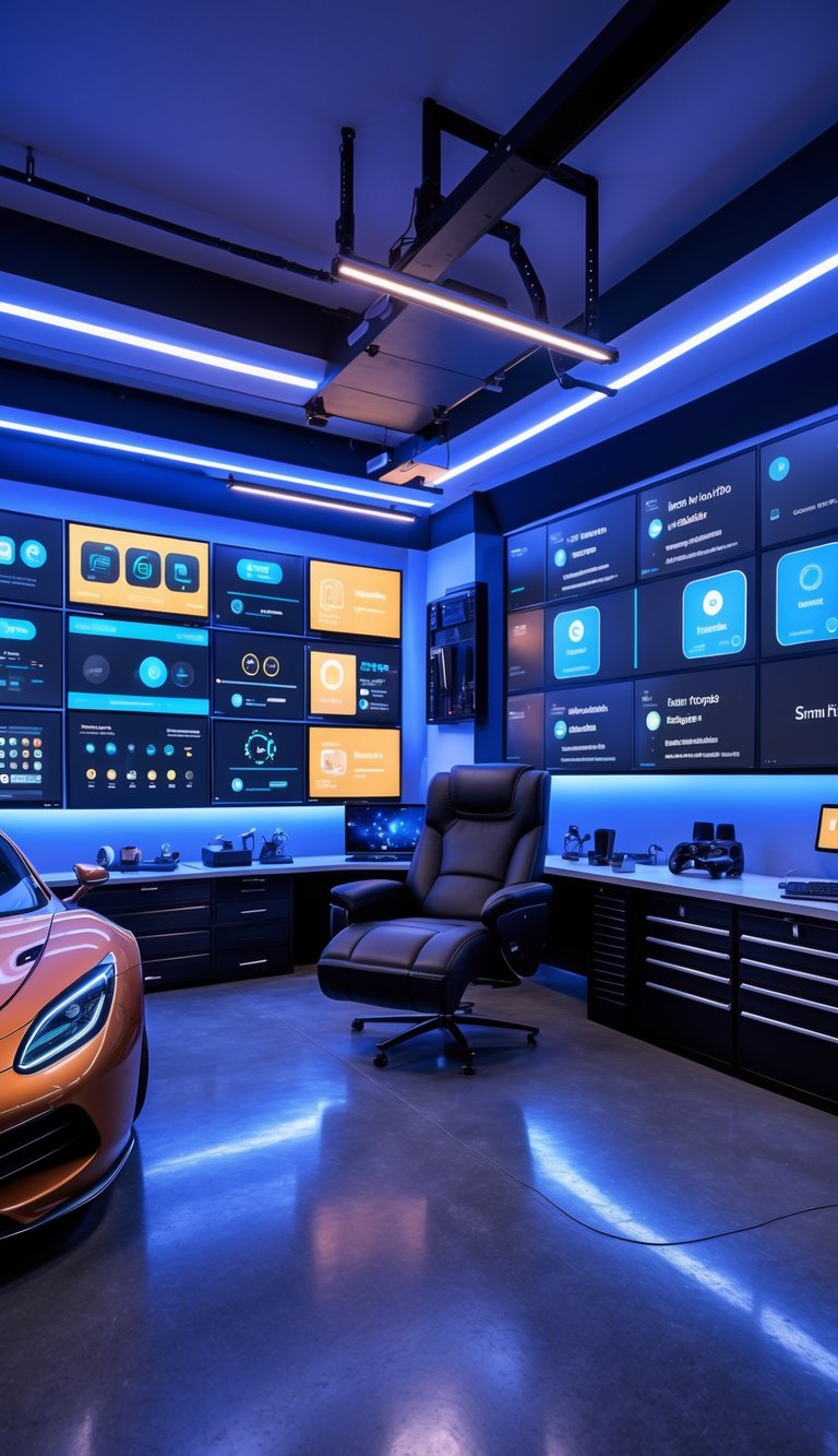 A modern garage man cave with smart home technology, LED lighting, large screens, a recliner, a workstation, tool storage, and a sports car.