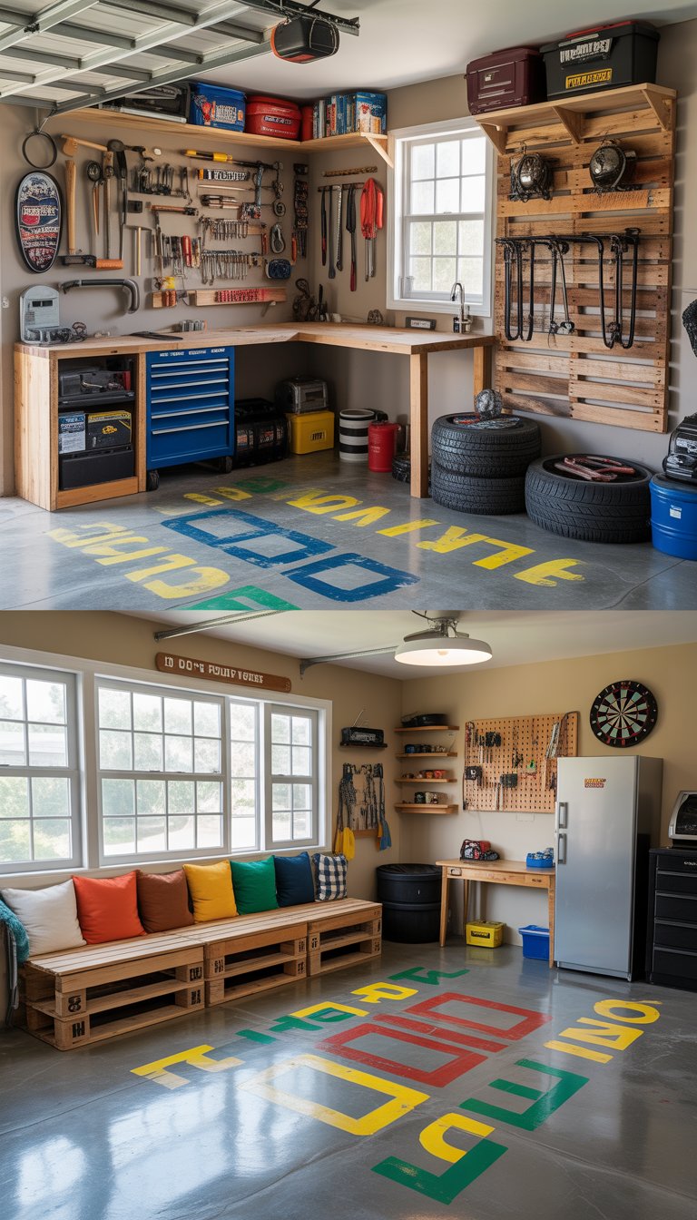 A man cave garage with multiple DIY projects including wooden shelves, a workbench, bike racks, seating made from repurposed materials, and various tools and sports items neatly arranged.