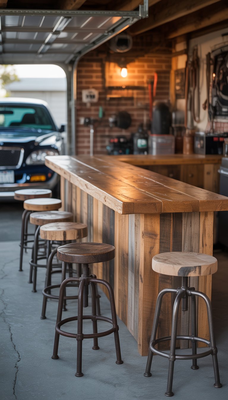 Rustic wooden bar with upcycled stools inside a man cave garage.