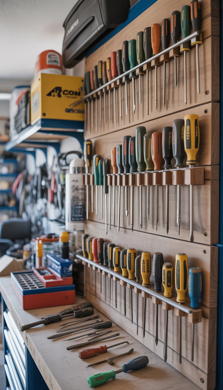 A garage wall with old screwdrivers repurposed as hooks holding tools, surrounded by shelves and toolboxes.
