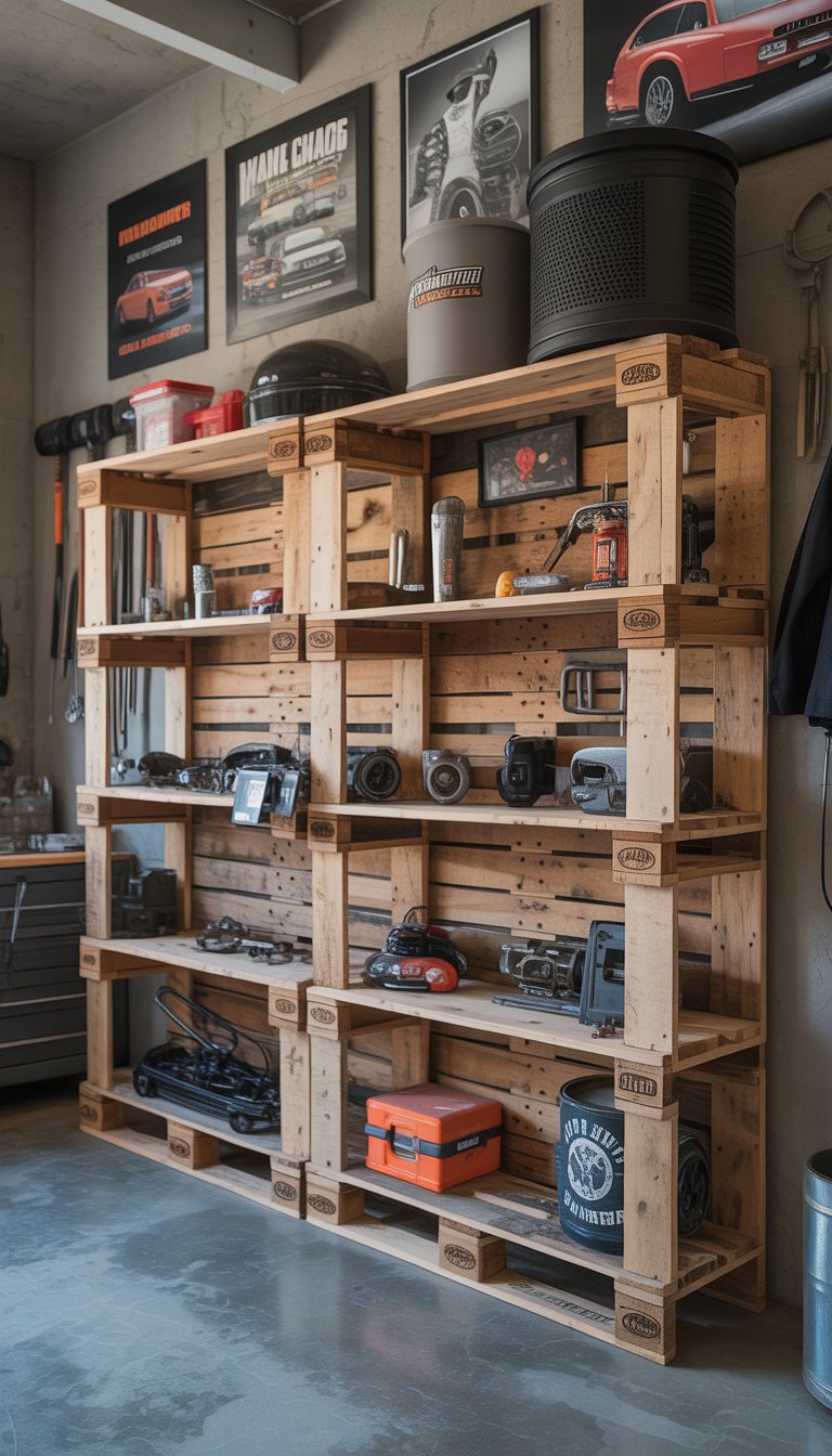 A pallet wood shelving unit in a garage holding tools, car parts, and sports memorabilia.