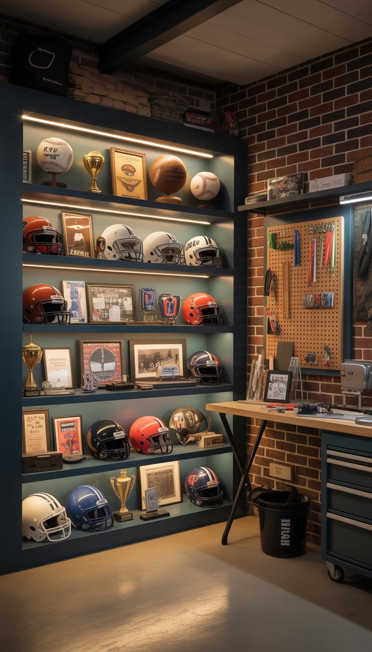 A compact sports memorabilia display in a man cave garage with shelves holding signed baseballs, helmets, sports cards, and trophies.