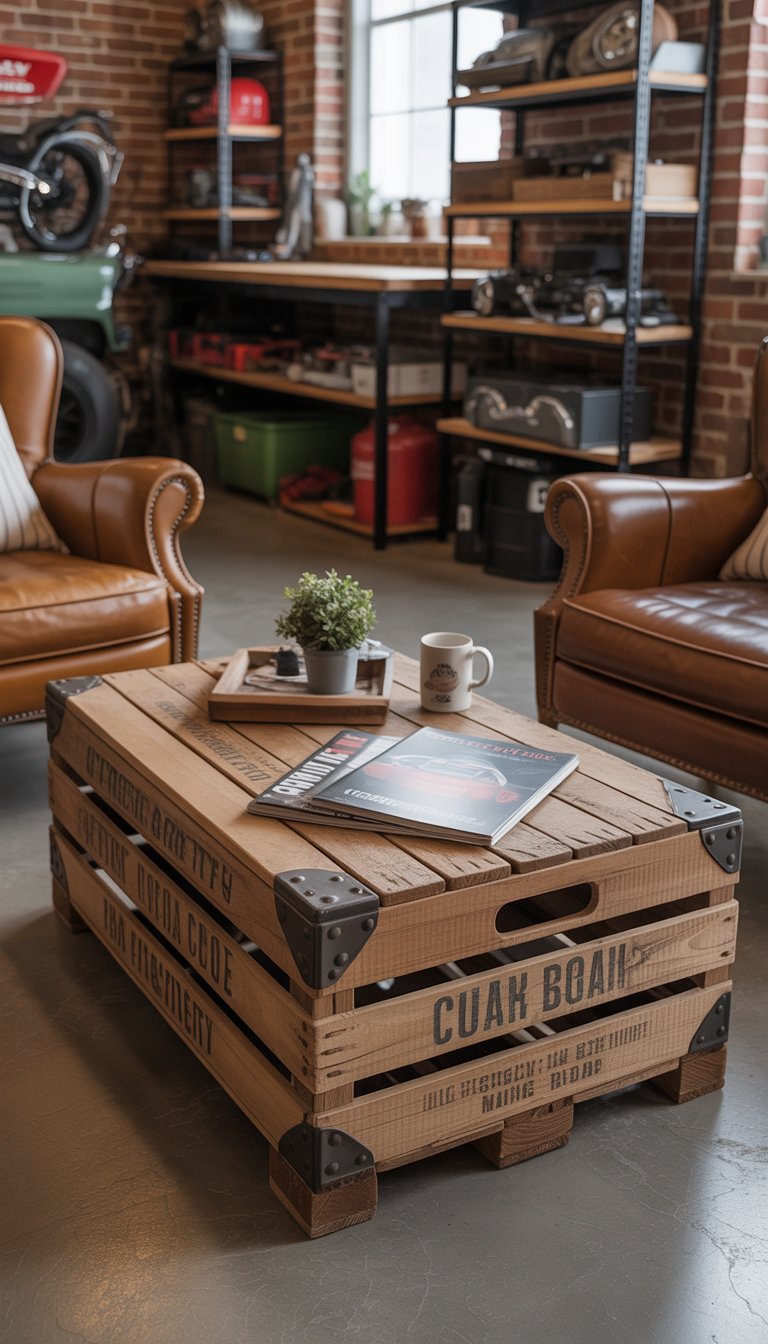 A wooden crate coffee table in a garage with leather chairs, shelves with tools and car memorabilia, and natural light coming through a window.