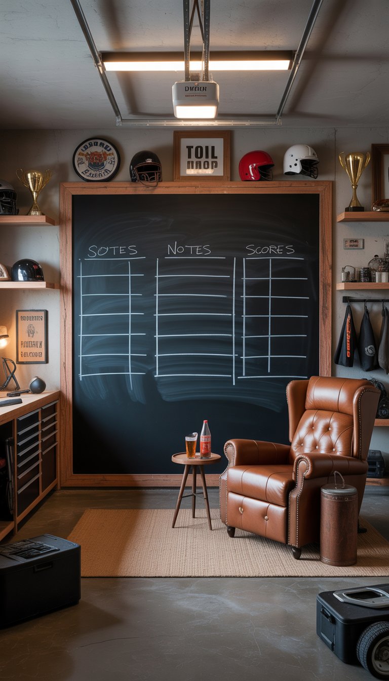 Interior of a garage man cave with a large blank chalkboard wall, seating area, and organized tools and sports equipment.