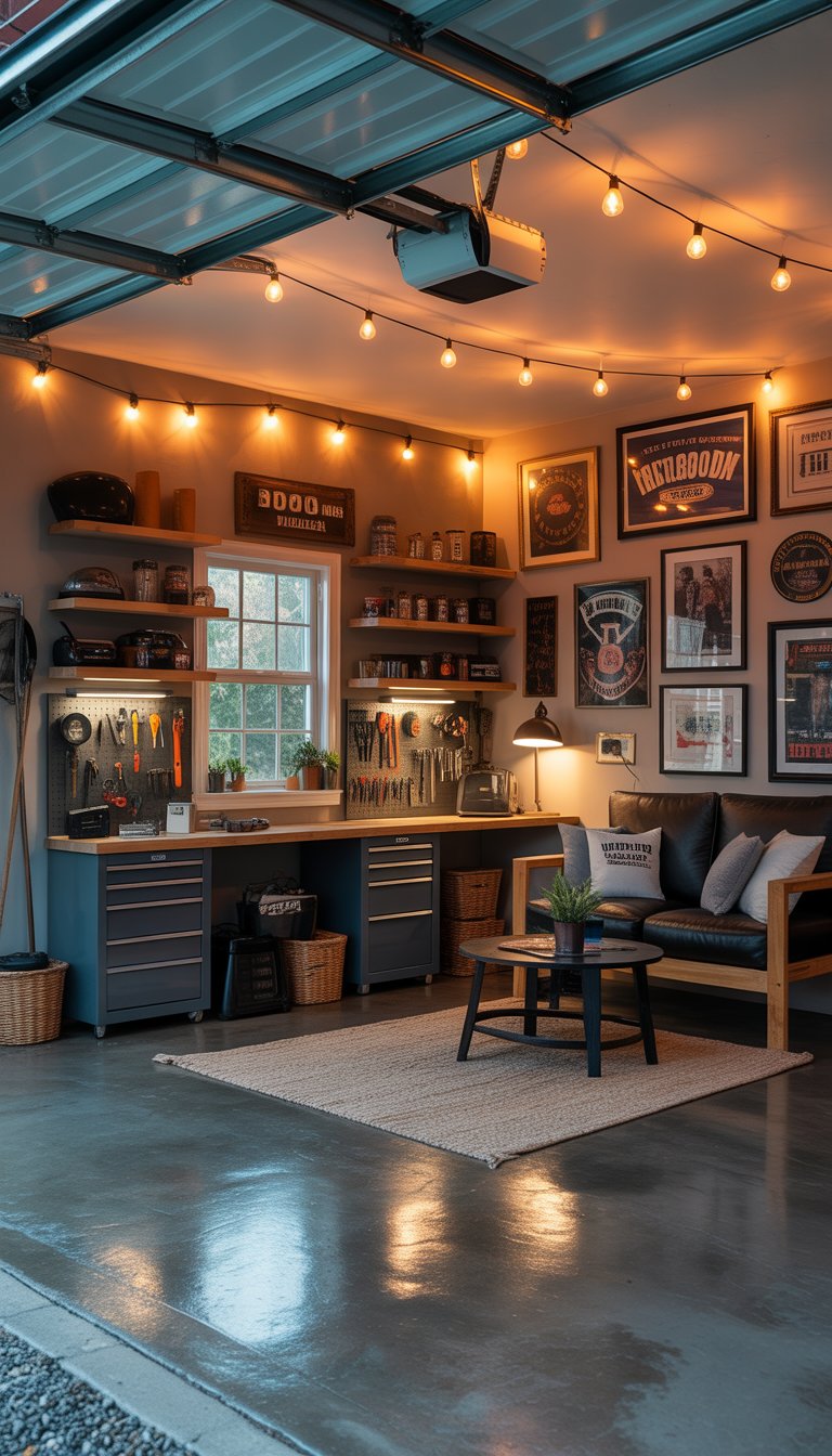 A cozy man cave garage with string lights, seating area, workbench, and various DIY projects.